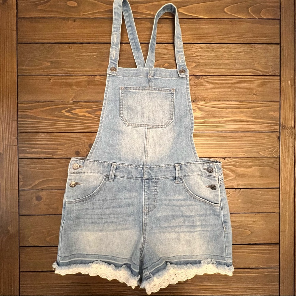 Cat & Jack Blue Denim Overalls Frayed with White Lace Trim
